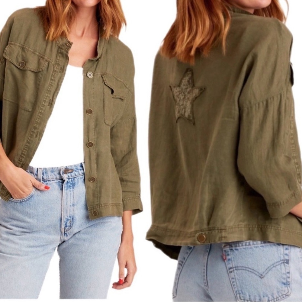 XCVI Small 100% Linen Olive Green Button Down Shirt Star Back Detail